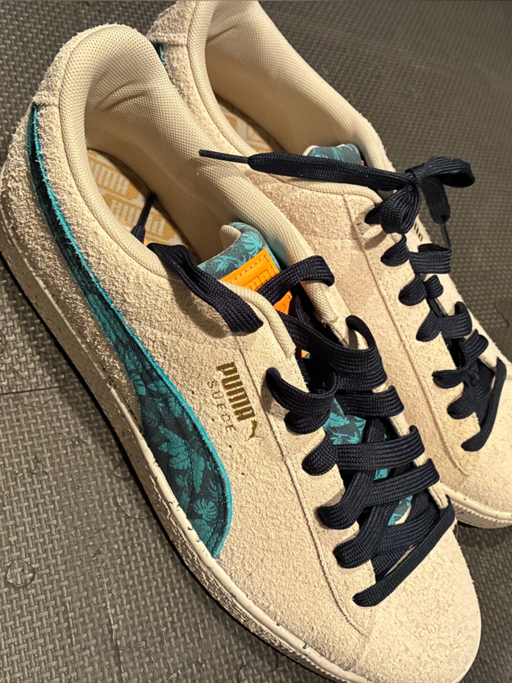 PUMA Cream Suede Sneakers with Teal Floral Stripe